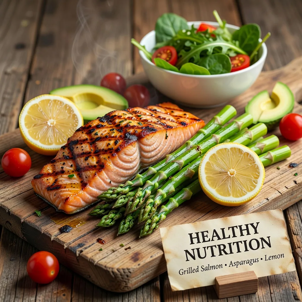 Grilled salmon fillet with steamed vegetables and lemon