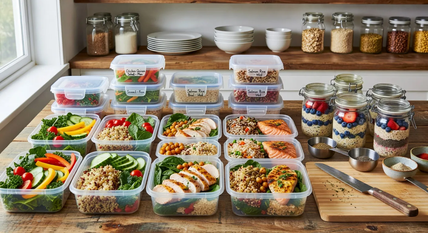 Organized meal prep station with fresh vegetables and balanced ingredients